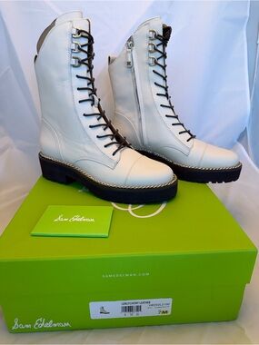 NWT Sam Edelman Ivory Lace-Up Leather Combat Boots with Black Laces Size 7M